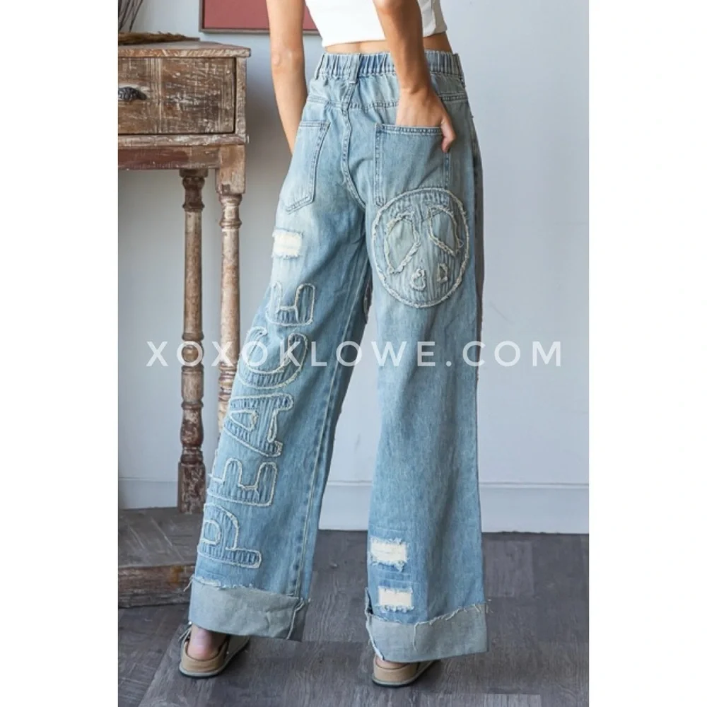Oli & Hali Peace Patched & Lettered Distressed Y2K Loose Fit Jeans - Picture 5 of 11